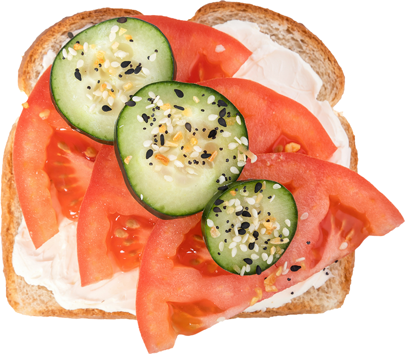 Healthy Life bread topped with tomatoes, cucumber and cream cheese